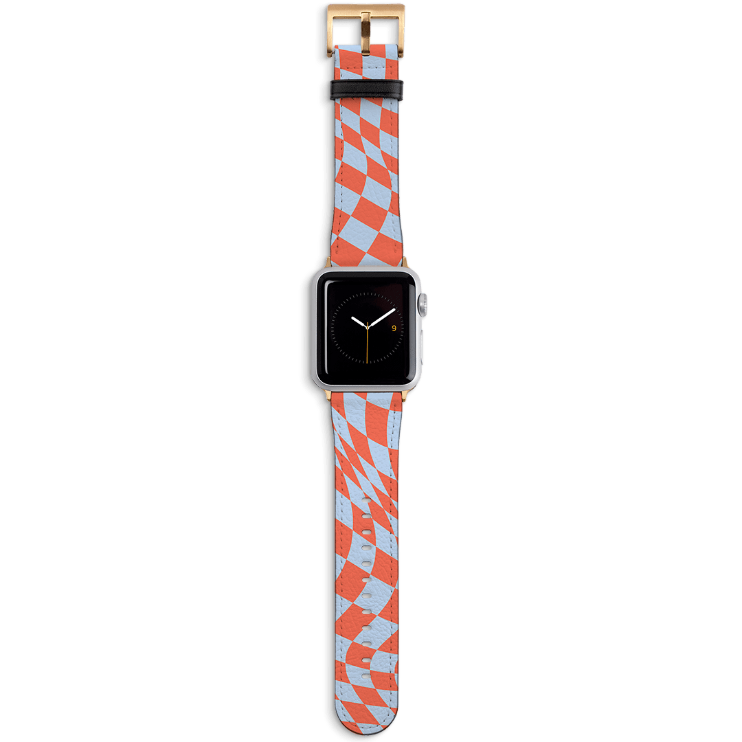 Wavy Check Scarlet on Sky Apple Watch Band Watch Strap 42/44 MM Gold by The Dairy - The Dairy